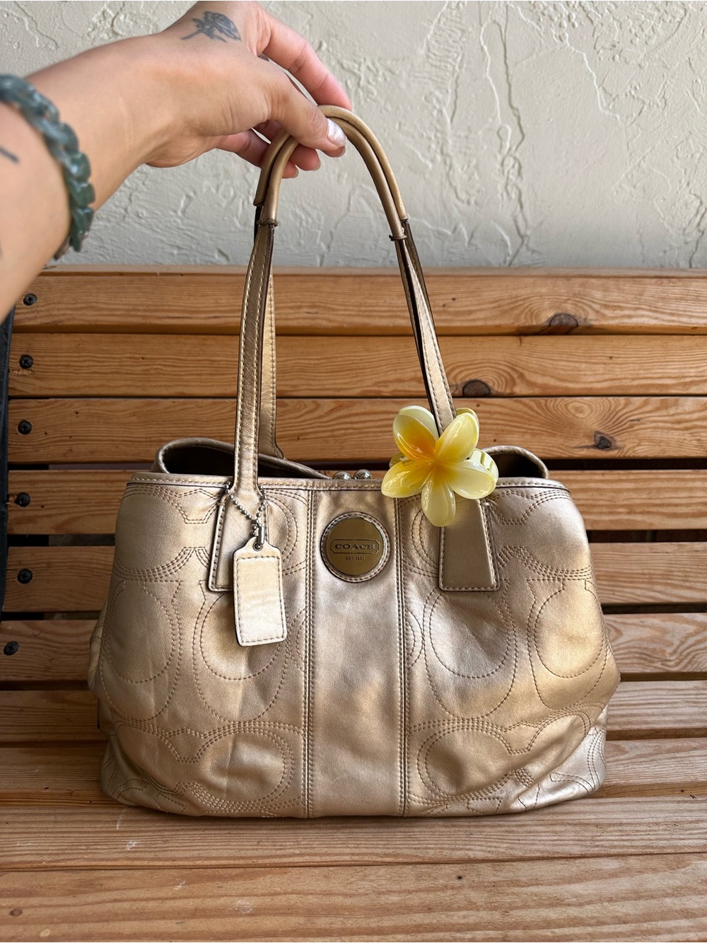 Coach Metallic Gold Kiss Lock Leather Shoulder Bag